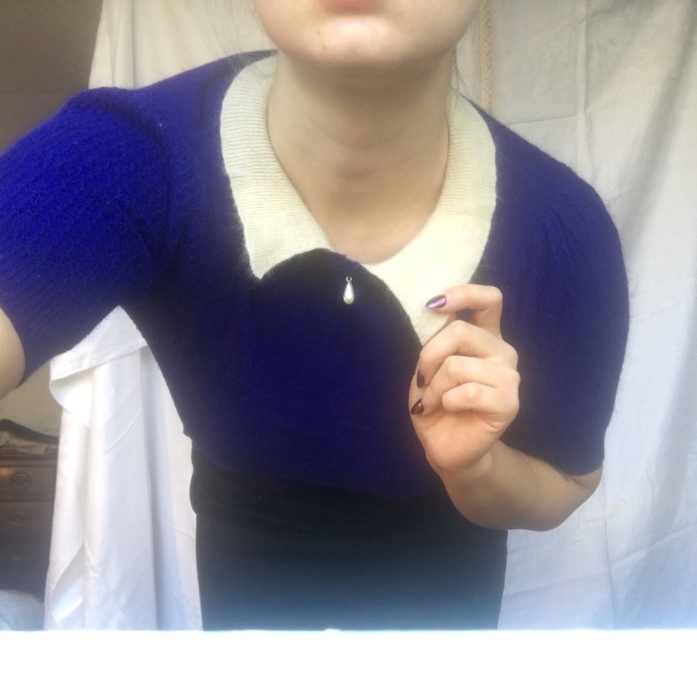 Brilliant Blue Rabbit Hair Sweater w Pearl Detail